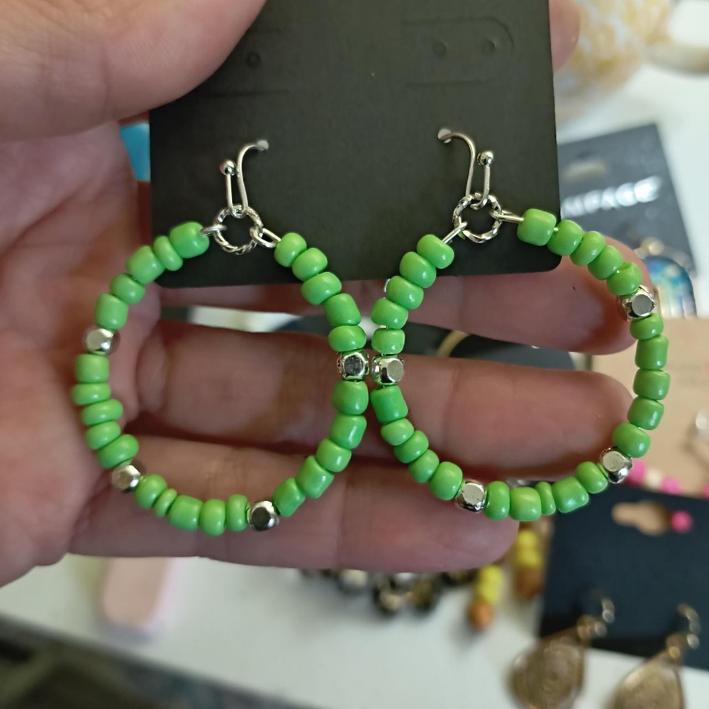Handmade Green Beaded Hoop Earrings